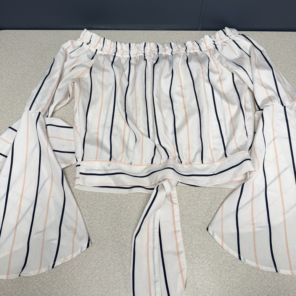 Rue 21 Striped Off/on Shoulder Tie Crop Top Blouse Womens Medium White Boho